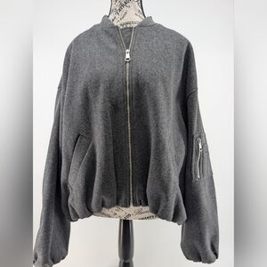 Zara Gray Wool Oversized Bubble Hem Bomber Jacket